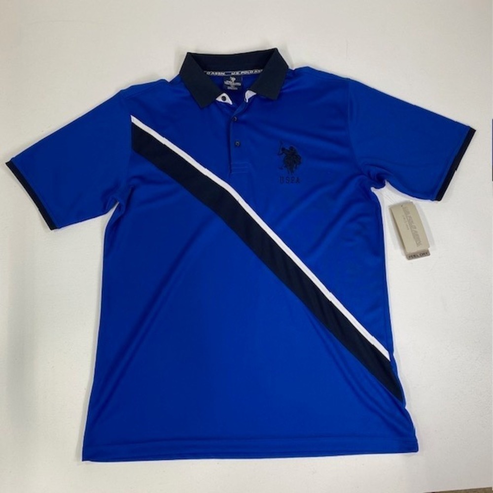 US‎ Polo Assn Performance Polo Shirt Athletic Fit Striped Royal Blue Large